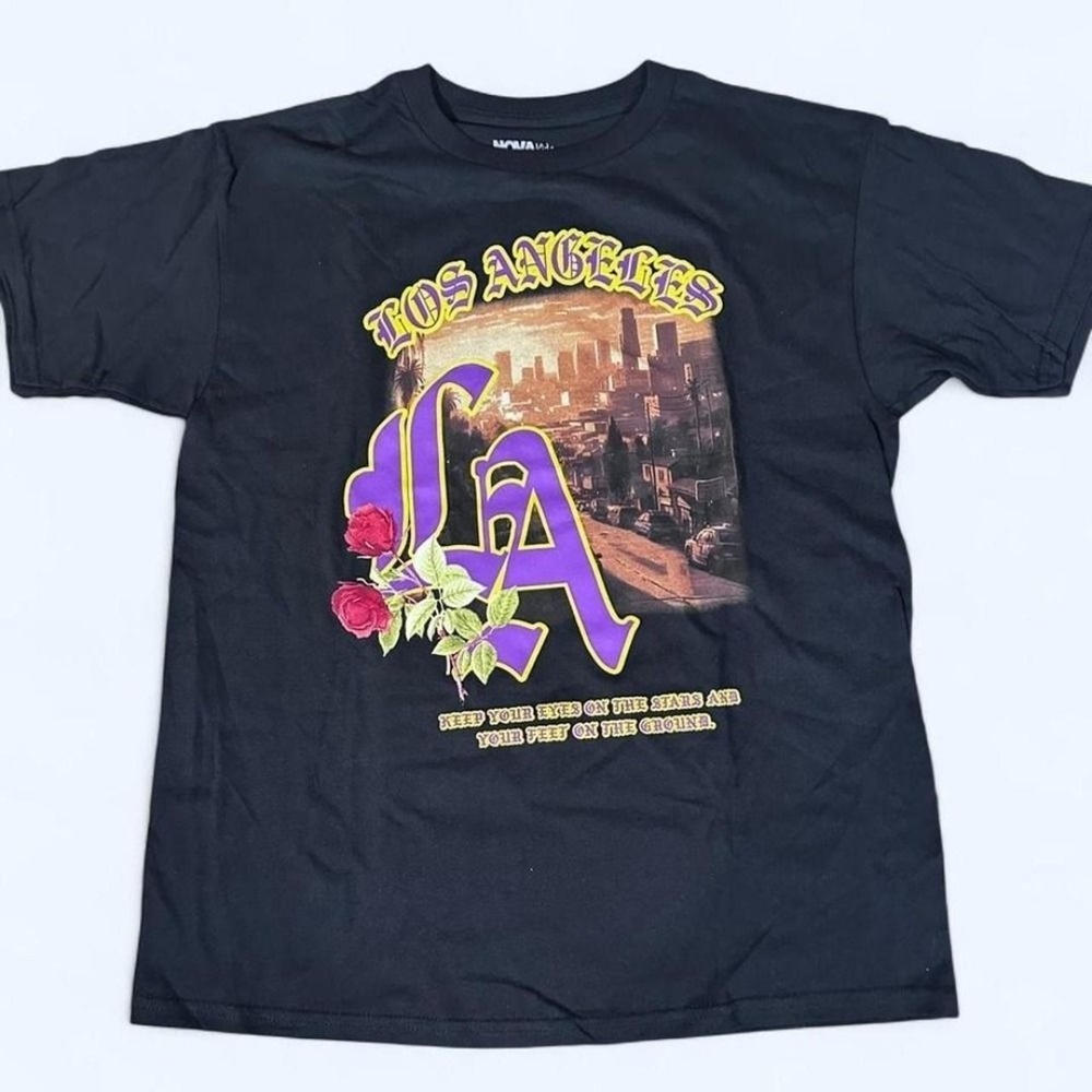 Fashion Nova Los Angeles LA Graphic Tee Black Purple Yellow Roses Mens XL